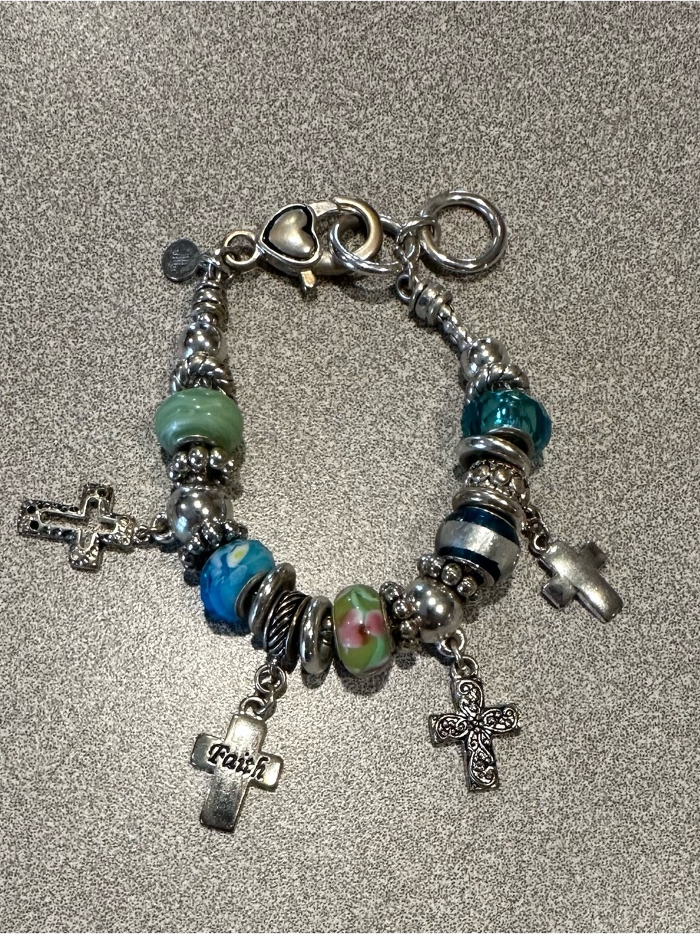 Silver-Tone Beaded Charm Bracelet with Blue & Green Glass Beads